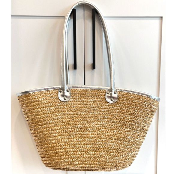 Women's Natural Straw Lined Handbag/Beach Bag w/Silver Handles & Interior Pocket - Picture 1 of 6